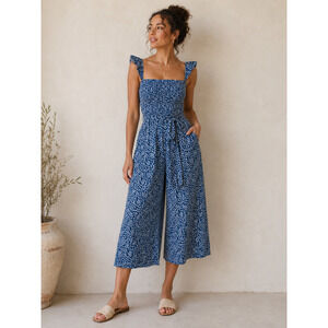 Baltic Born Hadley Floral Smocked Wide Leg Jumpsuit Cottagecore Boho Chic Blue M